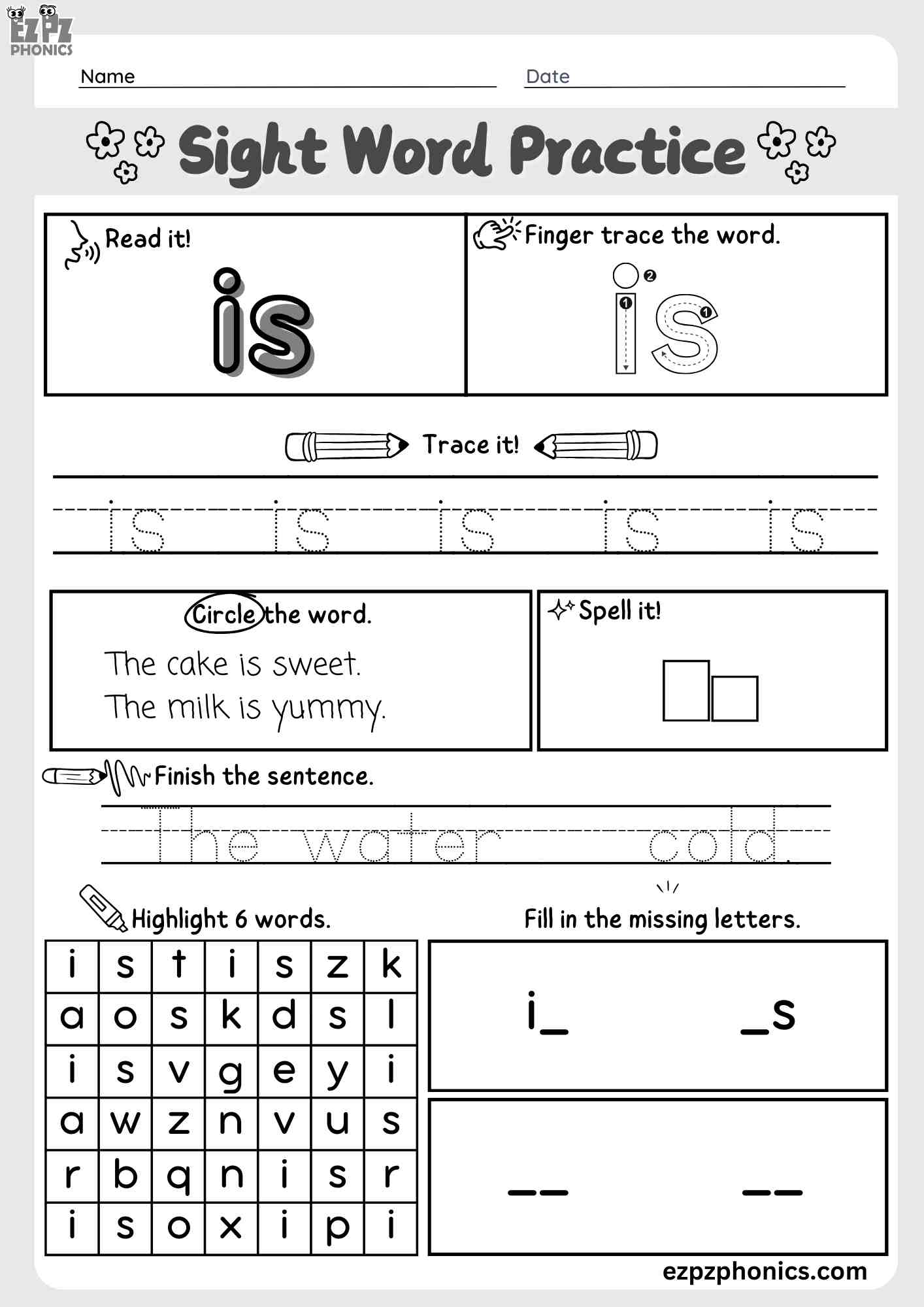 The Word "Is" Dolch Sight Word Worksheet Activity for Pre-Kindergarten and Kindergarten Students PDF Download
